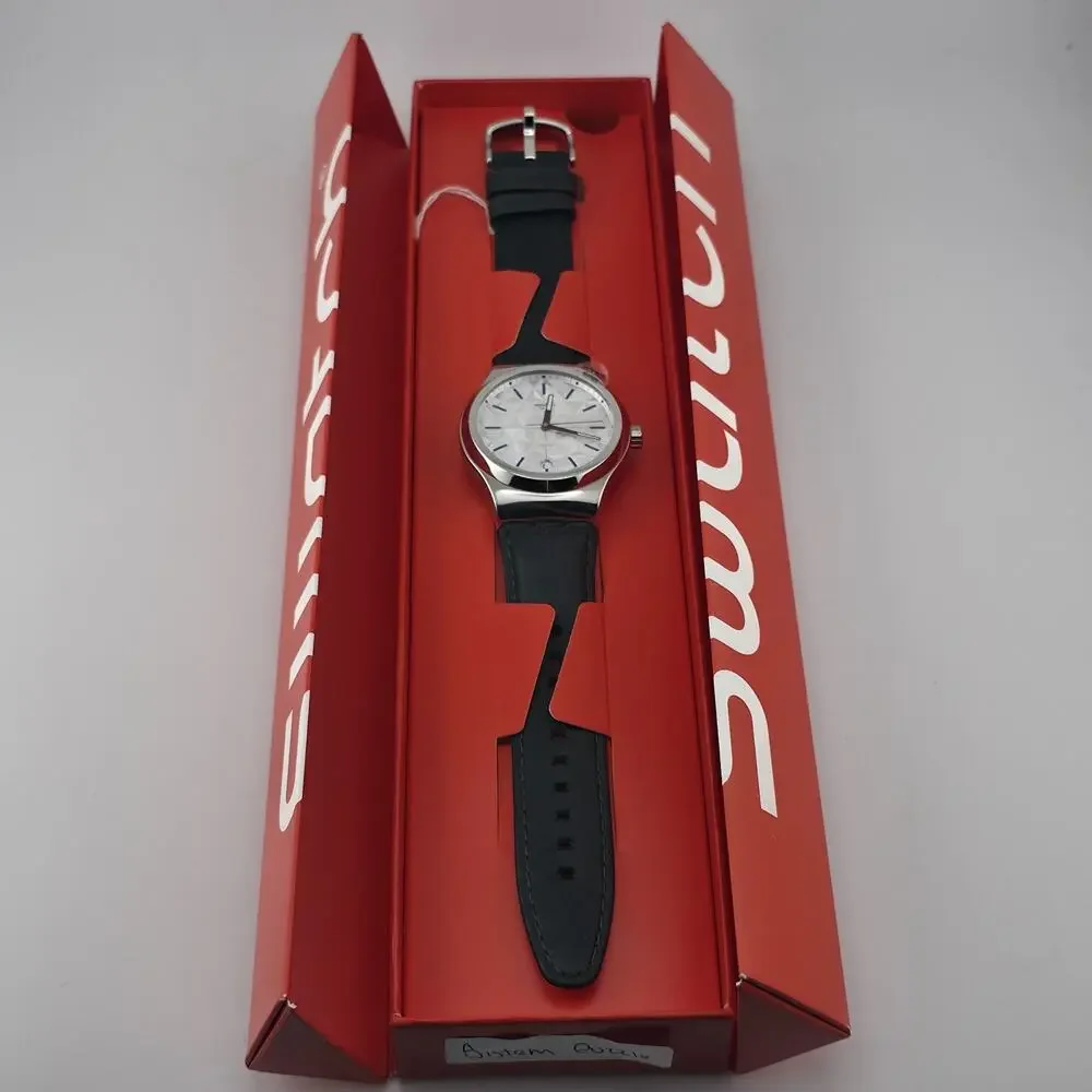 Swatch Sistem51 Automatic Puzzle YIS408 42mm Silver Dial Leather Strap New